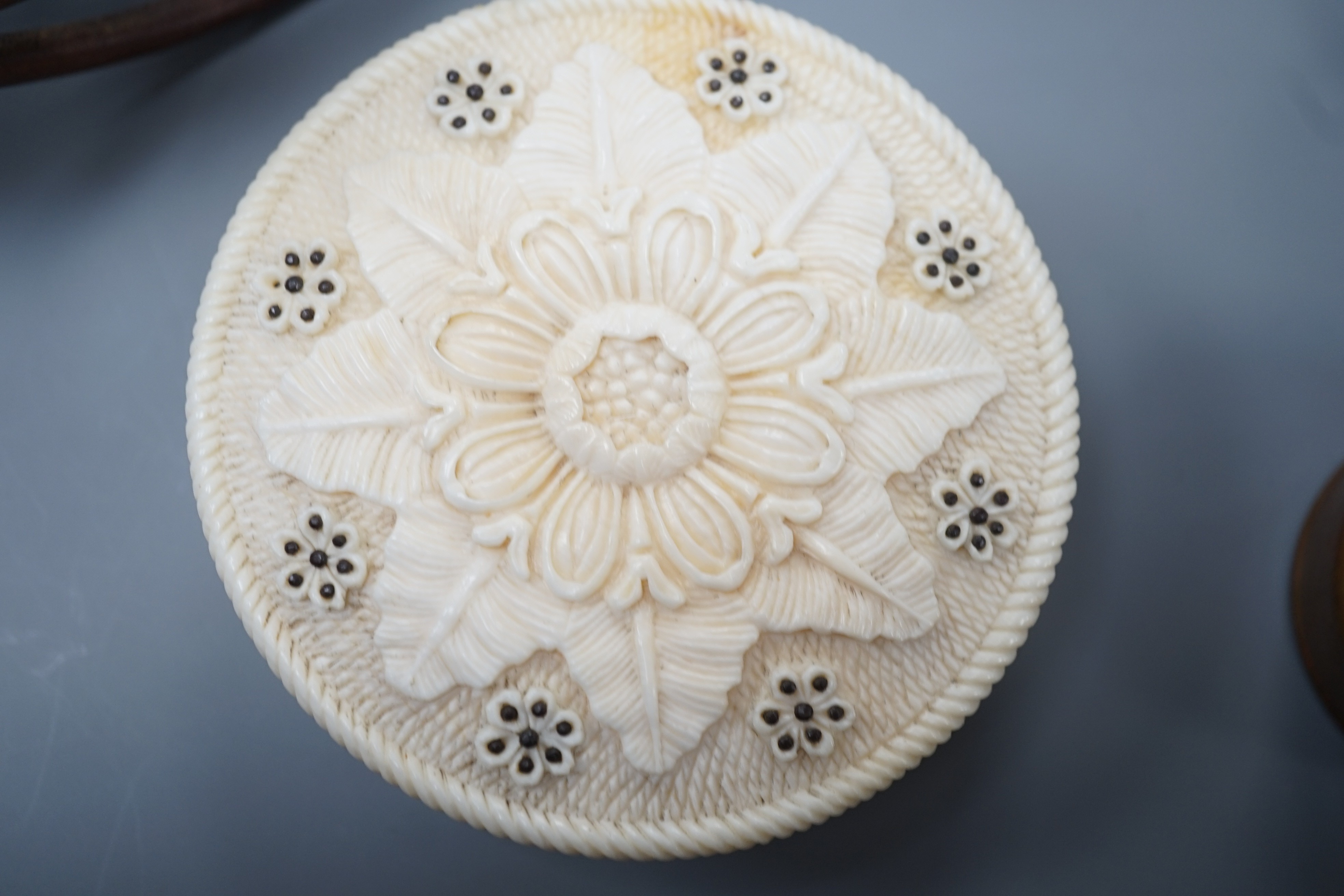 A 19th century engine turned ivory snuff box, scales, boxes etc.